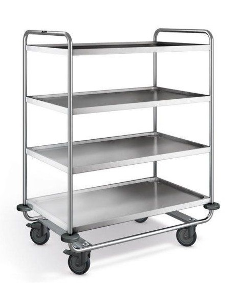 [01.05.0548-P] Chariot de service renforcé 4 plateaux (Roues plastique inoxydable, 2 roues fixes + 2 pivotantes à frein)