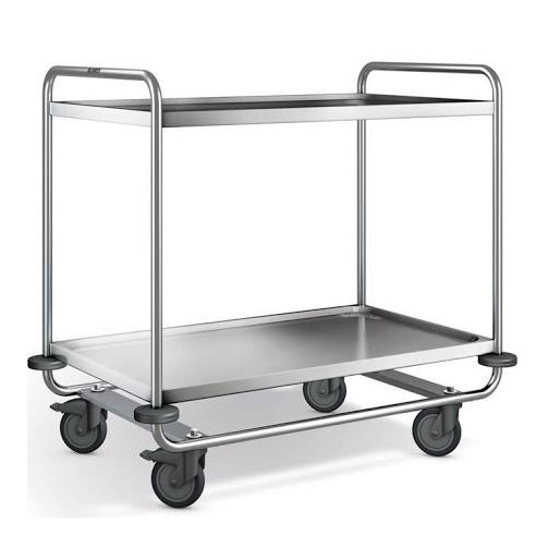 [01.05.0590P] Chariot de service renforcé 2 plateaux (Roues plastique inoxydable, Plateau 800x500mm, 4 roues pivotantes dont 2 freins)
